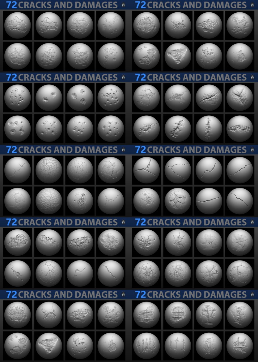 72个4K破损裂纹Alpha贴图和笔刷 Cracks And Damages 4K Brushes and Alpha Pack