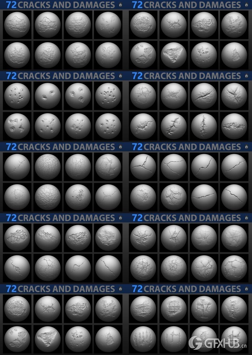 72个4K破损裂纹Alpha贴图和笔刷 Cracks And Damages 4K Brushes and Alpha Pack