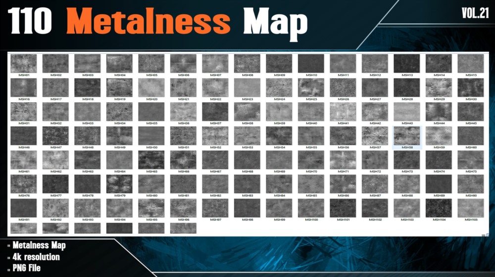 110张金属粗糙度纹理贴图 Artstation - 110 Metalness Map - Vol.21 ( 4K PNG )