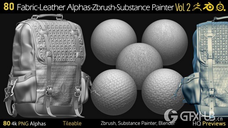 80组4K织物-皮革Alphas贴图 80 4K Fabric-Leather Tileble Alphas-PNG-Zbrush-Substance Painter-vol2