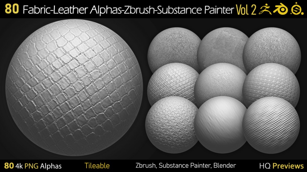 80组4K织物-皮革Alphas贴图 80 4K Fabric-Leather Tileble Alphas-PNG-Zbrush-Substance Painter-vol2