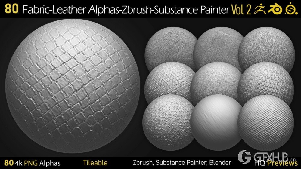 80组4K织物-皮革Alphas贴图 80 4K Fabric-Leather Tileble Alphas-PNG-Zbrush-Substance Painter-vol2