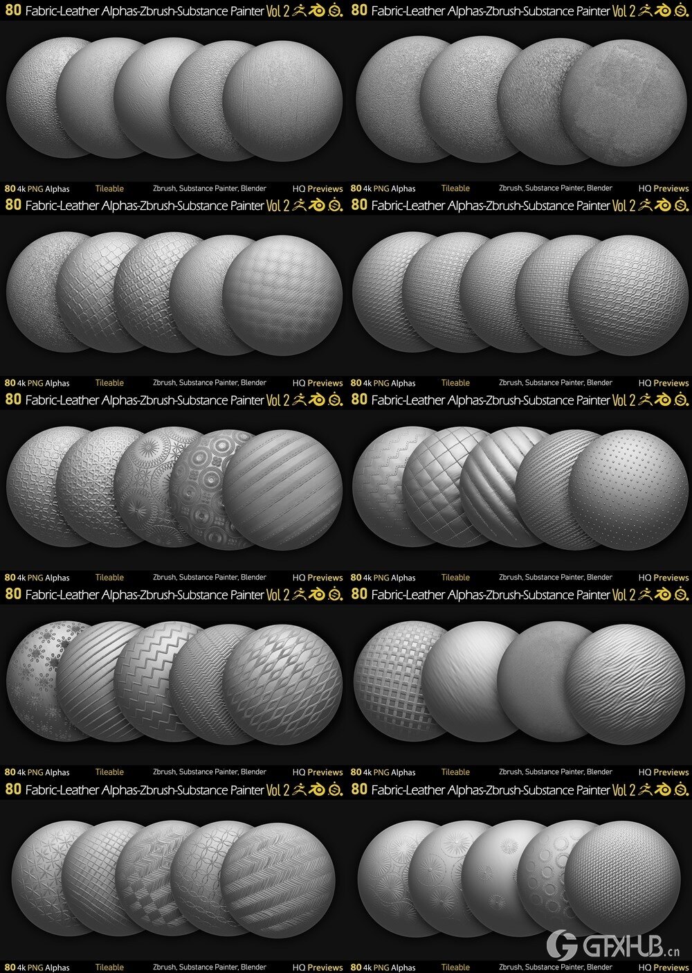 80组4K织物-皮革Alphas贴图 80 4K Fabric-Leather Tileble Alphas-PNG-Zbrush-Substance Painter-vol2