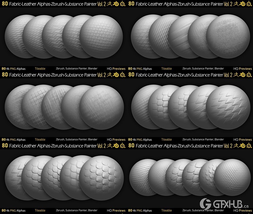 80组4K织物-皮革Alphas贴图 80 4K Fabric-Leather Tileble Alphas-PNG-Zbrush-Substance Painter-vol2
