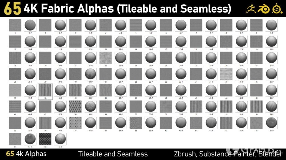65组4K织物无缝平铺图案Alphas贴图 65 4K Fabric Alphas