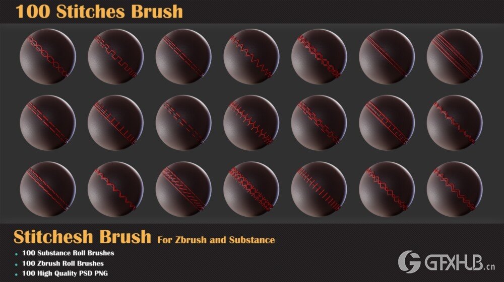 100组针线缝合Alpha纹理贴图+笔刷 100 Stitches Brush - Substance and Zbrush-005