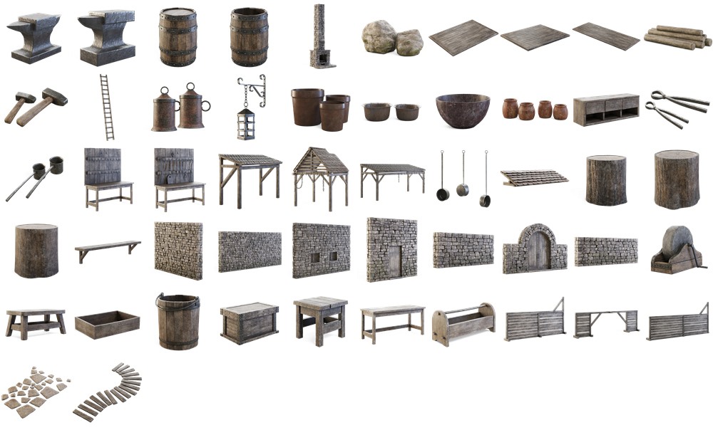 中世纪铁匠铺模型和材质包 CGAxis - Medieval Forge Kitbash Bundle
