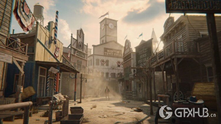 狂野西部风格酒馆火车站市政厅杂货店邮局教堂等3D模型 KitBash3D - Outlaw（完整版）