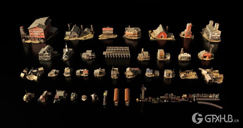 狂野西部风格酒馆火车站市政厅杂货店邮局教堂等3D模型 KitBash3D - Outlaw（完整版）