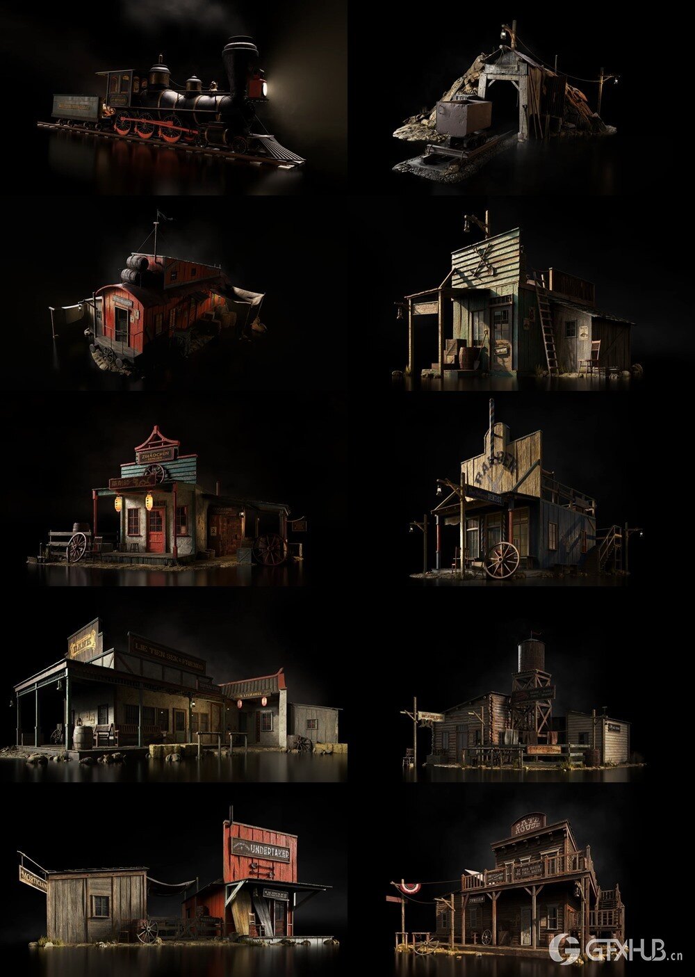 狂野西部风格酒馆火车站市政厅杂货店邮局教堂等3D模型 KitBash3D - Outlaw（完整版）