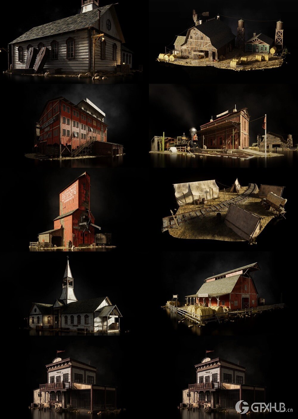 狂野西部风格酒馆火车站市政厅杂货店邮局教堂等3D模型 KitBash3D - Outlaw（完整版）