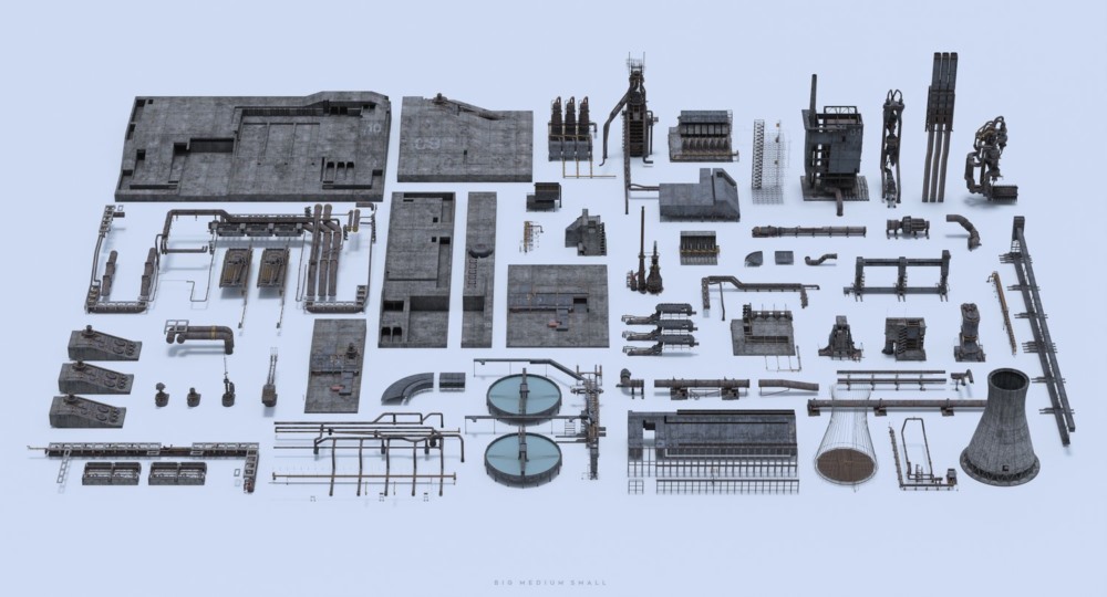 工业区工厂设备人物角色零部件3D模型 Big Medium Small – Industrial Zone 格式Blender/FBX/UE
