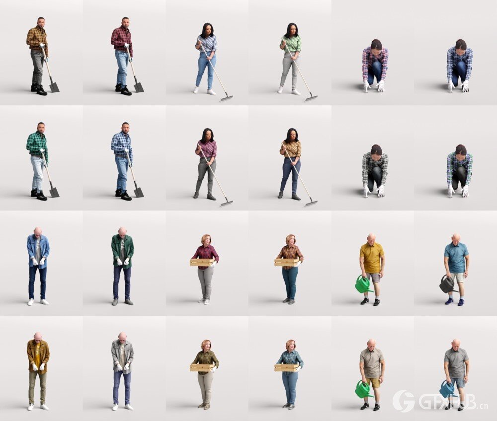 6个园艺劳动姿势3D人物模型 Humano – 2209 Gardening 01