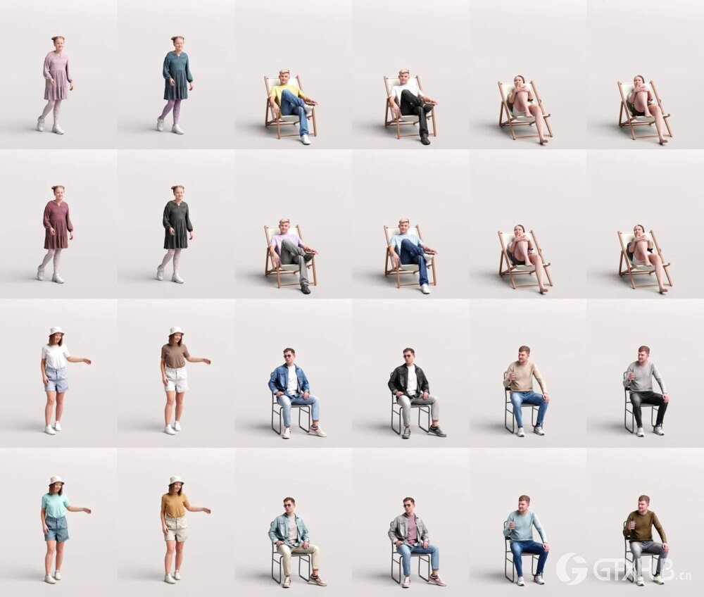 12个户外花园休闲人物3D模型 Humano - Collection Posed 2210