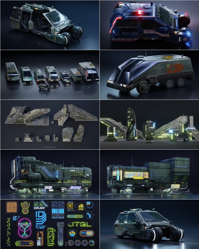未来科幻赛博朋克建筑汽车街道场景3D模型资产 BigMediumSmall - Cyberpunk