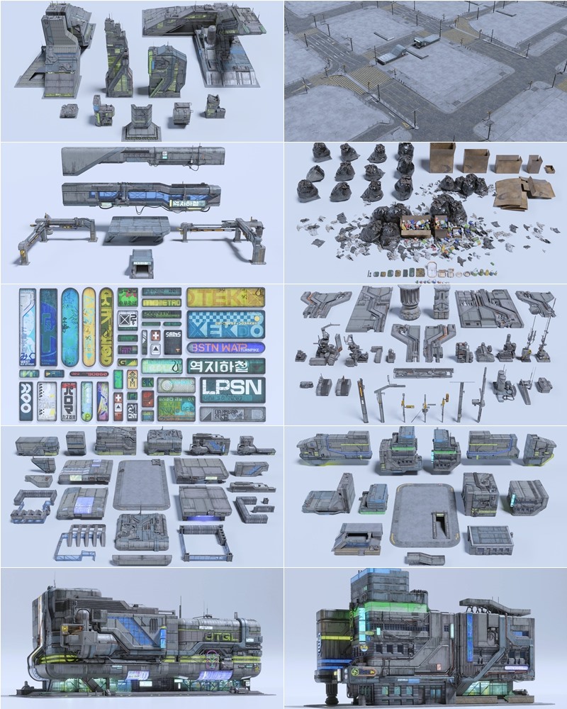 未来科幻赛博朋克建筑汽车街道场景3D模型资产 BigMediumSmall - Cyberpunk