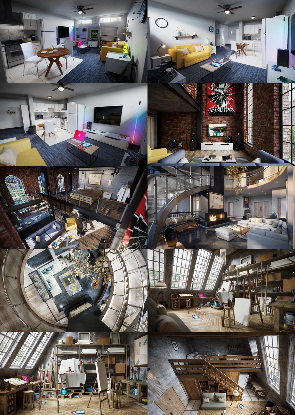 公寓顶楼阁楼室内3D模型 Kitbash3D - Apartment Interiors