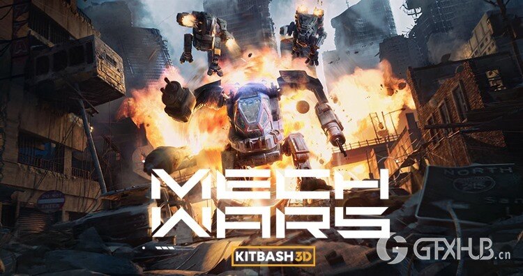 火炮机甲、运输机、机甲仓库、坦克机甲和骑兵机甲3D模型 Kitbash3D - Mech Wars