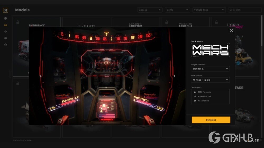 火炮机甲、运输机、机甲仓库、坦克机甲和骑兵机甲3D模型 Kitbash3D - Mech Wars