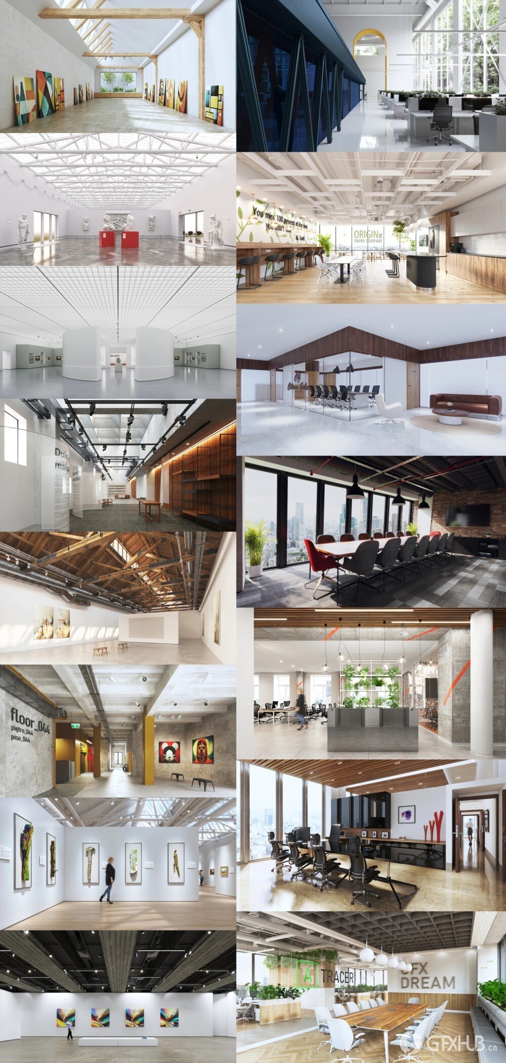 15个公共室内场景画廊和办公空间3D模型 Archinteriors Vol 66