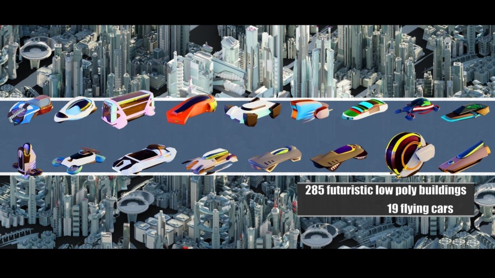320 座未来主义 低多边形建筑和 20 辆飞行汽车 3D 模型集合