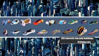 320 座未来主义 低多边形建筑和 20 辆飞行汽车 3D 模型集合