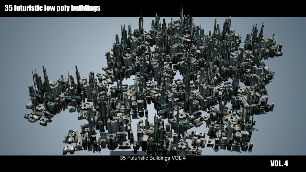 320 座未来主义 低多边形建筑和 20 辆飞行汽车 3D 模型集合
