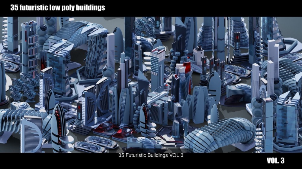 320 座未来主义 低多边形建筑和 20 辆飞行汽车 3D 模型集合