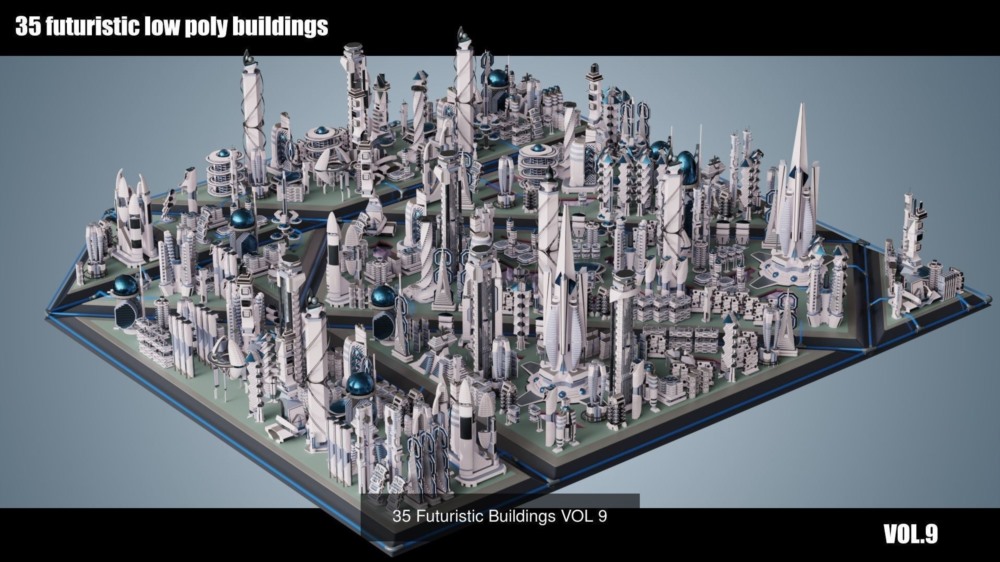 320 座未来主义 低多边形建筑和 20 辆飞行汽车 3D 模型集合