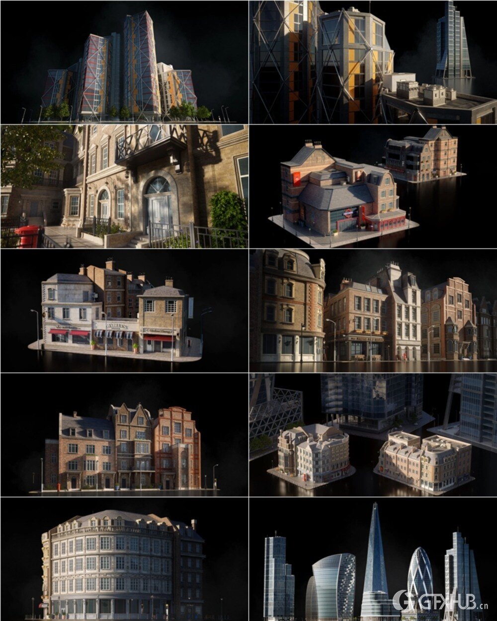 英国伦敦现代城市建筑欧式住宅3D模型资产 KitBash3D - London(完整版)