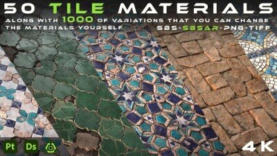 50 种瓷砖 SBSR 材质+贴图 – 数千种变化 50 Tile Materials – Thousands of Variations PNG