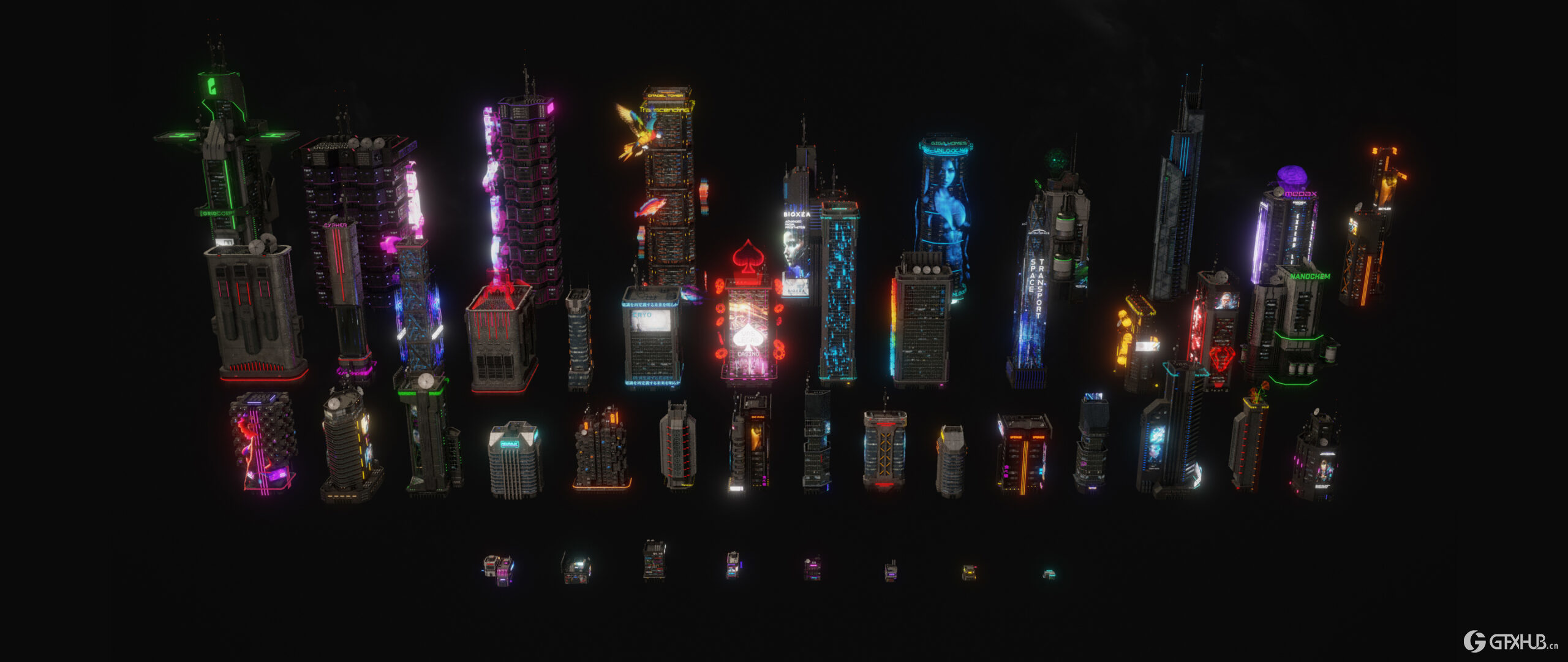 赛博朋克霓虹摩天大楼 Blend 模型资产 Metropunk Neon Skyscrapers