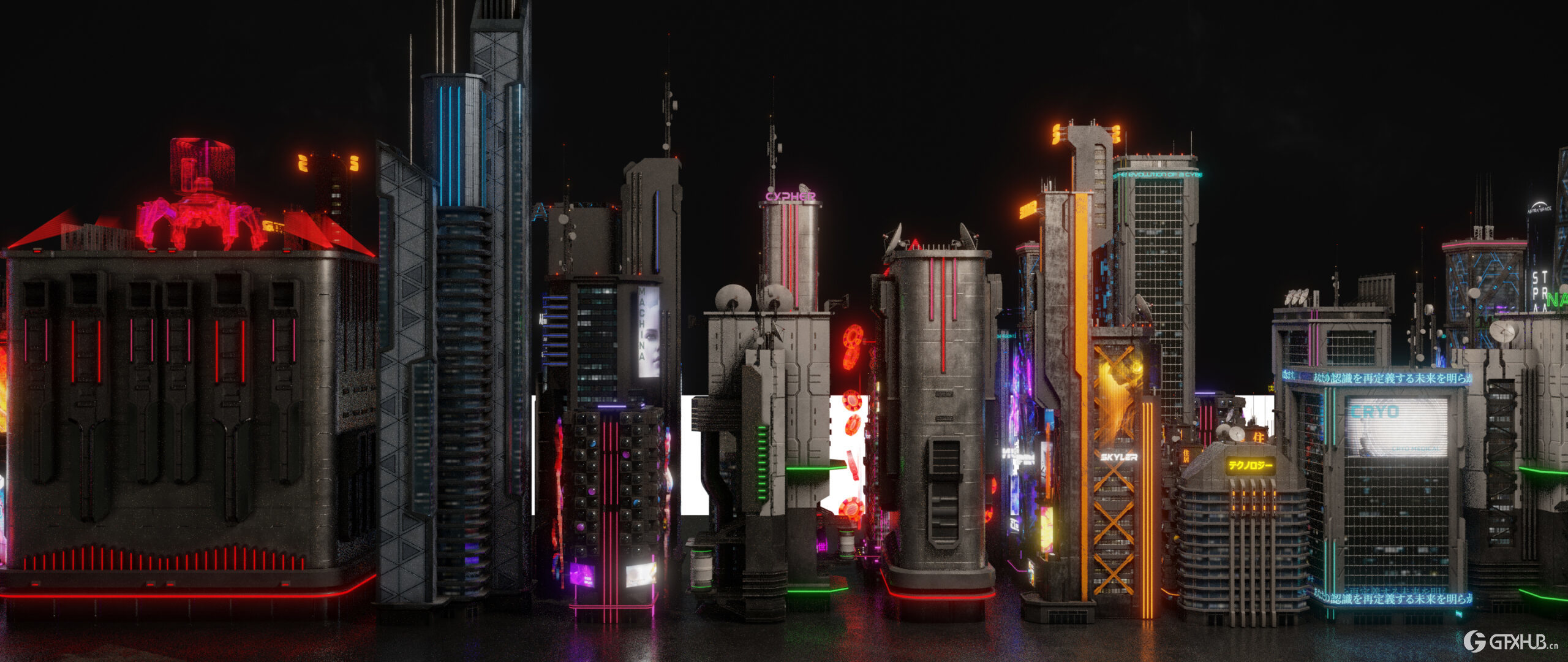 赛博朋克霓虹摩天大楼 Blend 模型资产 Metropunk Neon Skyscrapers