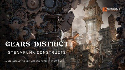 Blender 蒸汽朋克齿轮建筑3D模型资产预设 Gears District Steampunk Construct