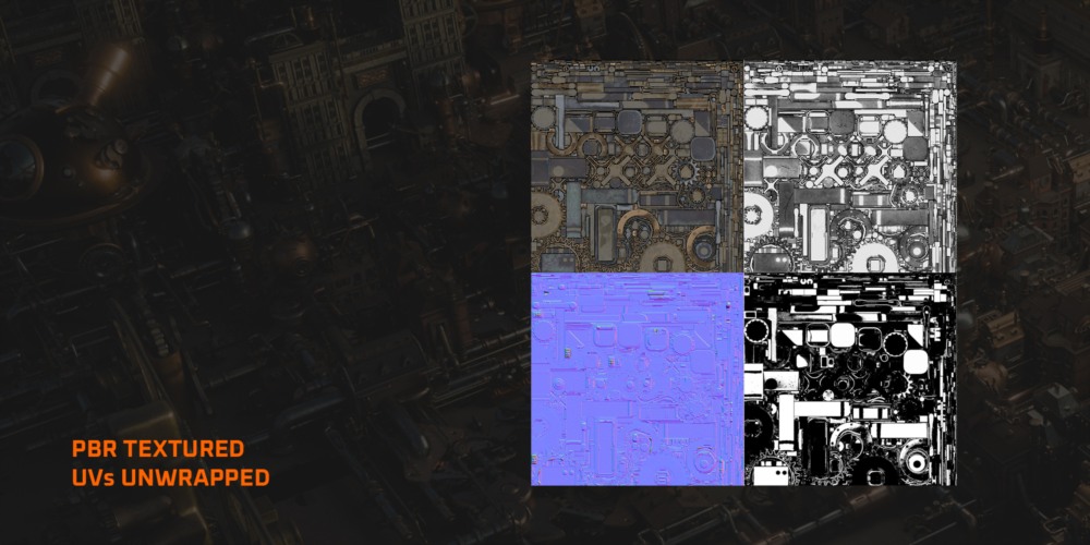 Blender 蒸汽朋克齿轮建筑3D模型资产预设 Gears District Steampunk Construct