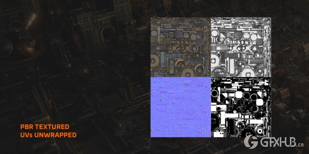 Blender 蒸汽朋克齿轮建筑3D模型资产预设 Gears District Steampunk Construct