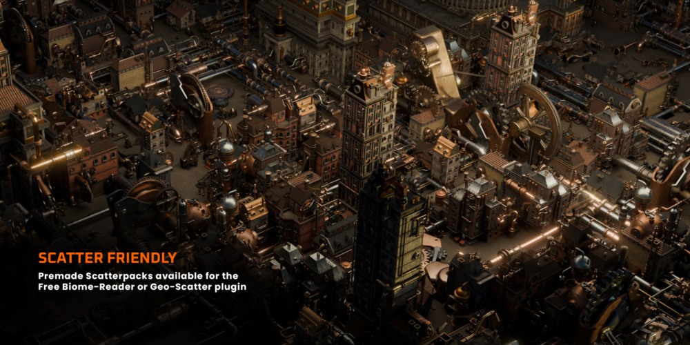 Blender 蒸汽朋克齿轮建筑3D模型资产预设 Gears District Steampunk Construct