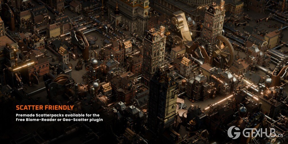 Blender 蒸汽朋克齿轮建筑3D模型资产预设 Gears District Steampunk Construct