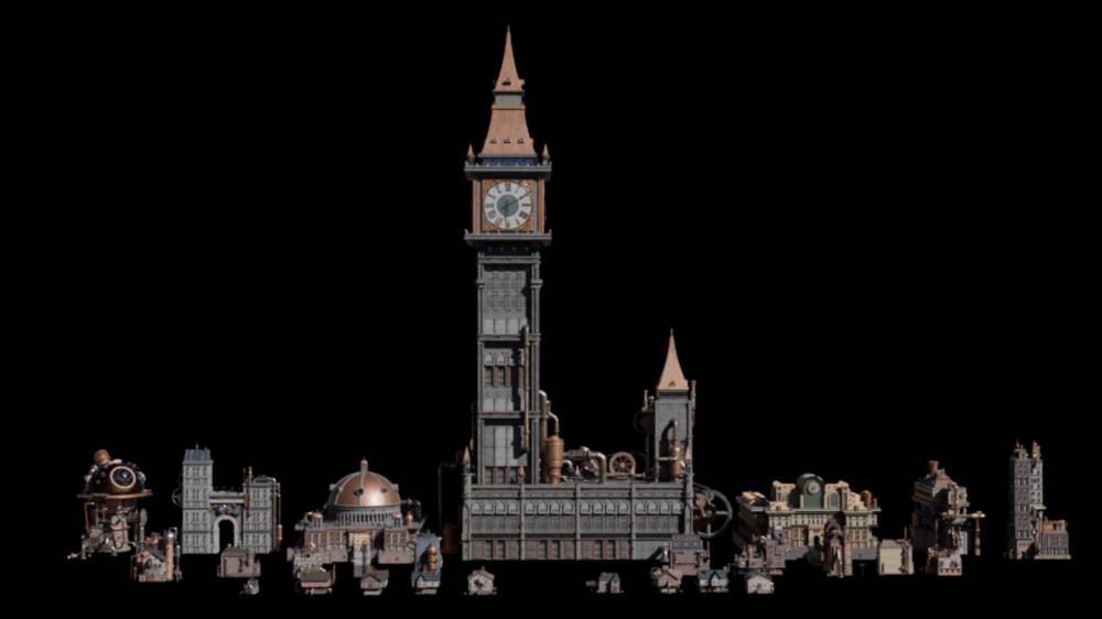 Blender 蒸汽朋克齿轮建筑3D模型资产预设 Gears District Steampunk Construct