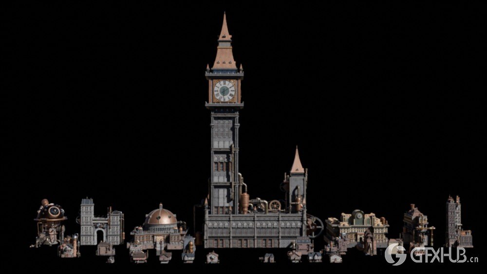 Blender 蒸汽朋克齿轮建筑3D模型资产预设 Gears District Steampunk Construct
