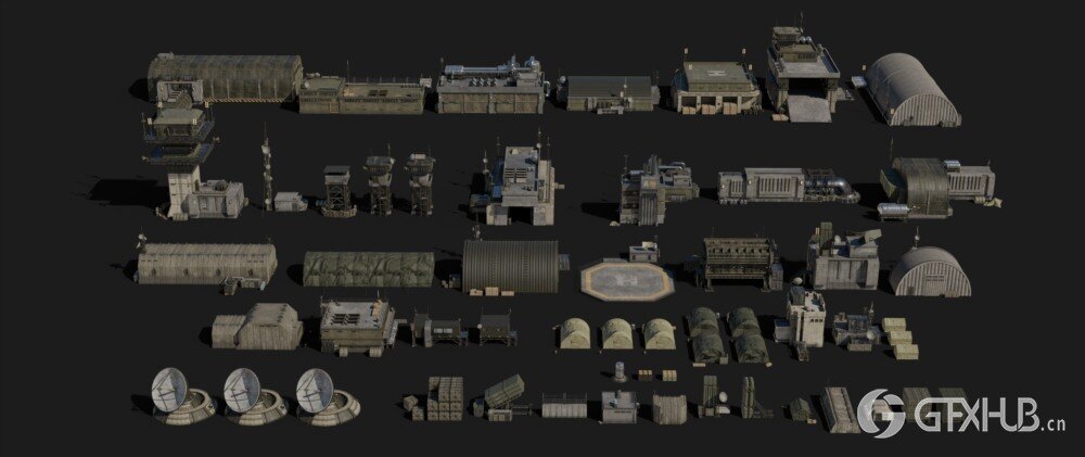 Blender 军事基地战争物资3D模型资产预设 GT Grid Armada Military Base