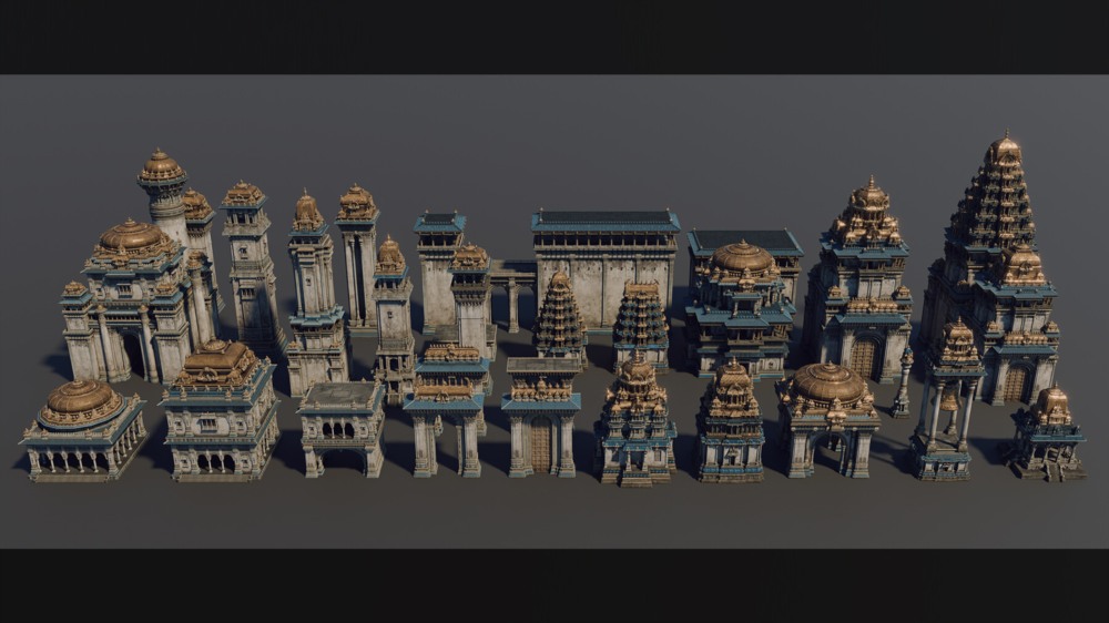 印度朱罗王朝风格建筑环境场景3D模型 Artstation - Chola Nadu Kitbash Set