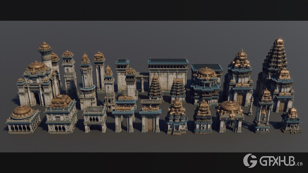 印度朱罗王朝风格建筑环境场景3D模型 Artstation - Chola Nadu Kitbash Set