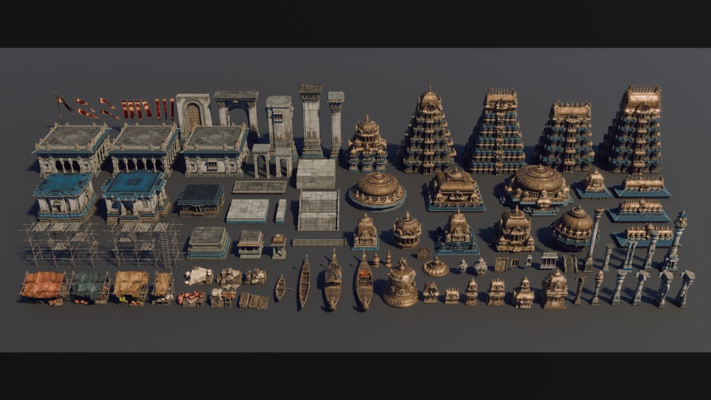 印度朱罗王朝风格建筑环境场景3D模型 Artstation - Chola Nadu Kitbash Set