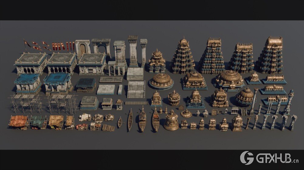 印度朱罗王朝风格建筑环境场景3D模型 Artstation - Chola Nadu Kitbash Set