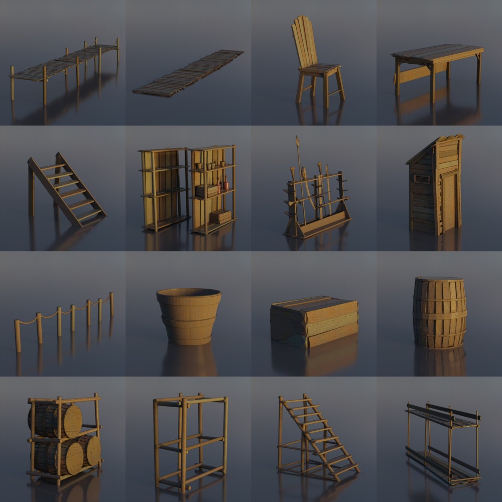 Blender 木屋城镇资产3D模型 Artstation – Pirate Town – Kitbash