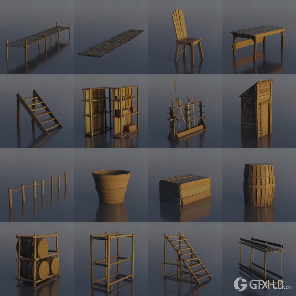 Blender 木屋城镇资产3D模型 Artstation – Pirate Town – Kitbash