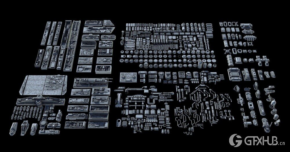 科幻飞行器宇宙飞船3D模型套装 Sci-Fi KitBash And Props Pack - Full Set