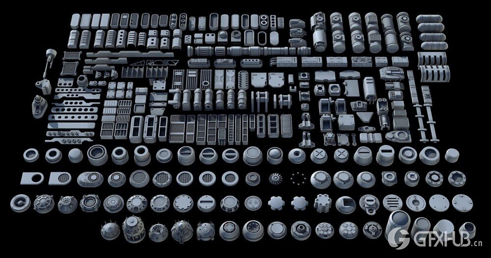 科幻飞行器宇宙飞船3D模型套装 Sci-Fi KitBash And Props Pack - Full Set