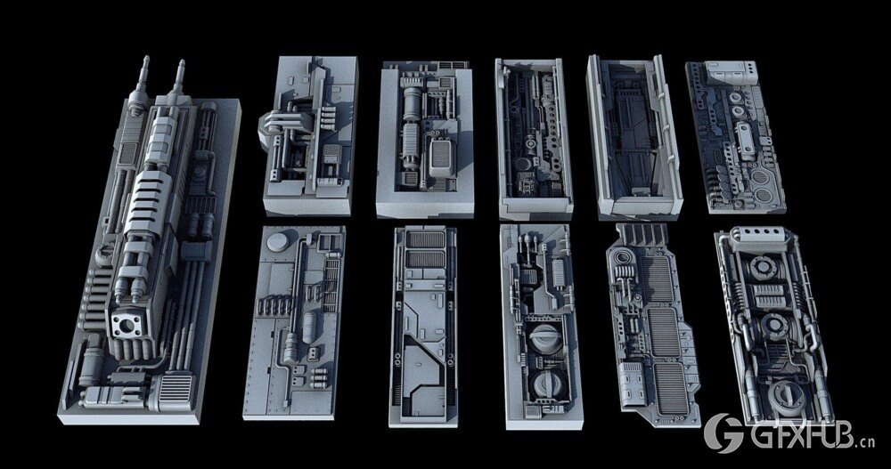 科幻飞行器宇宙飞船3D模型套装 Sci-Fi KitBash And Props Pack - Full Set